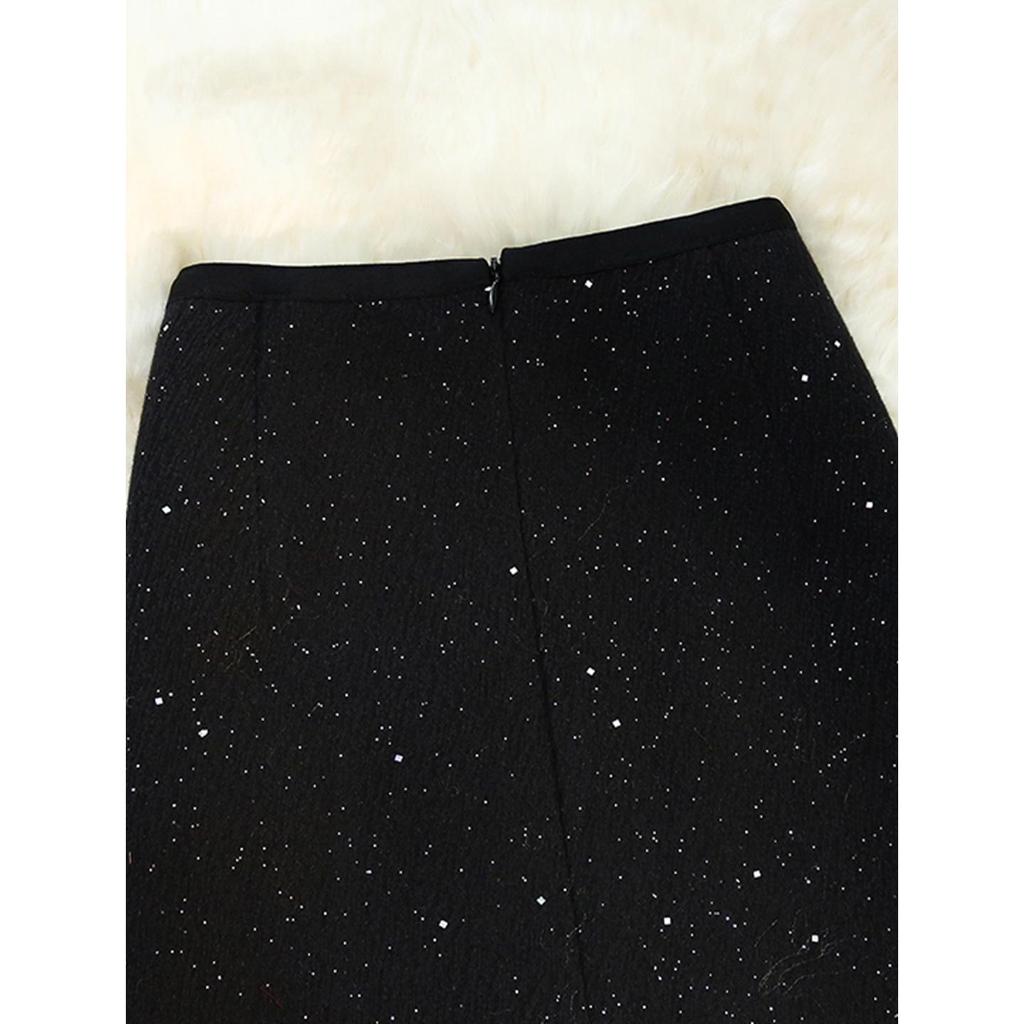 Gonna a Linea ad A con Paillettes in Misto Lana Taglie Forti, Vita Alta, Anti-Esposizione, che Segue le Curve, per Primavera/Autunno