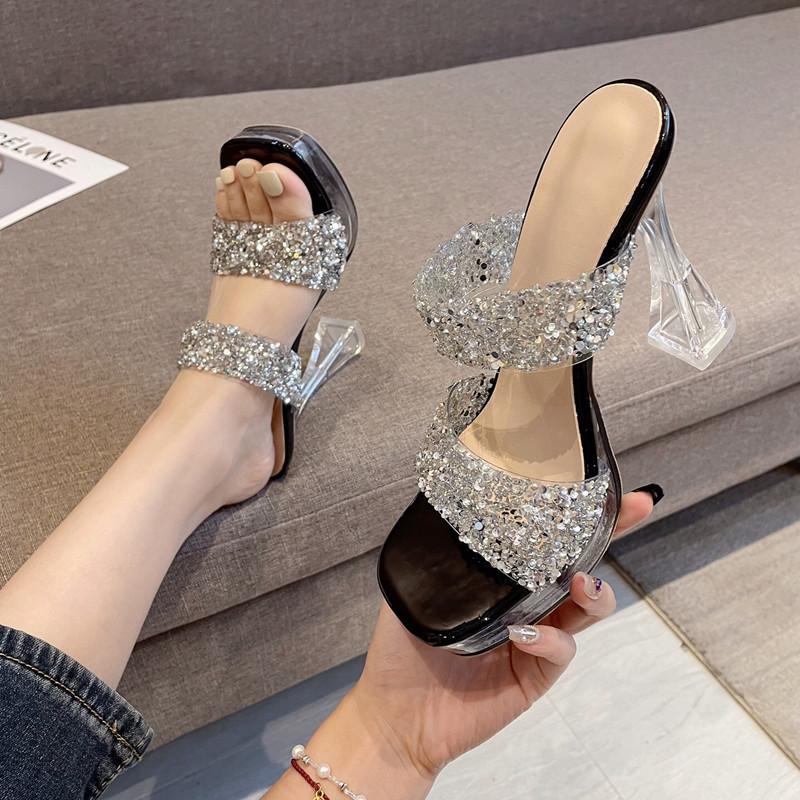 

Summer new 13cm super heel high crystal thick heel transparent rhinestone word fashionable versatile sexy cool slippers women 34 чёрный