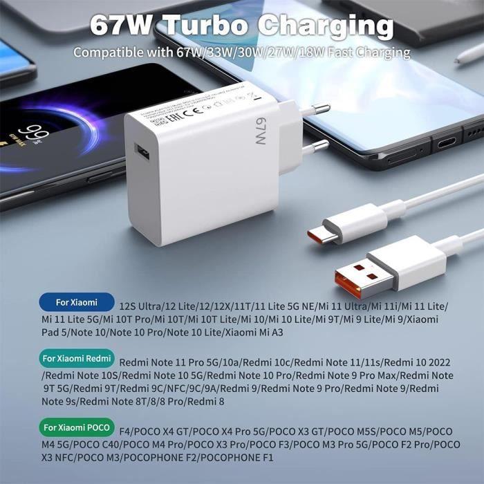 Chargeur Rapide USB 67W + Câble USB-C 6A 1M Blanc pour Xiaomi Redmi 14C/13C, Redmi 12 4G-5G, Redmi 9, 9A, 9C, 10A, 9T, 10C