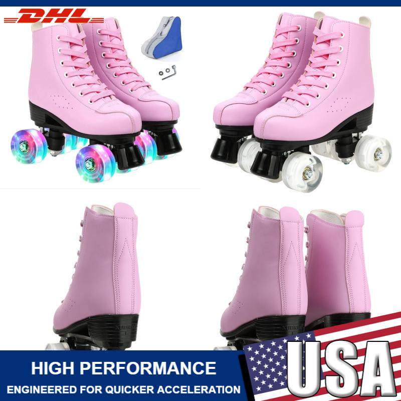 YYW Women Men Adult Two Line Skating Shoes With 4 Wheel Training Sneakers Purple Green Pu Leather Roller Skates Double Row Shoes