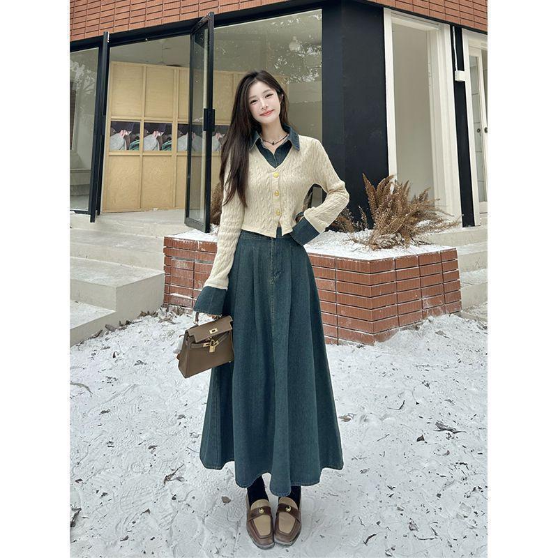 Dámská elegantní džínová patchworková souprava: Pletený top s dlouhým rukávem a midi sukně s vysokým pasem