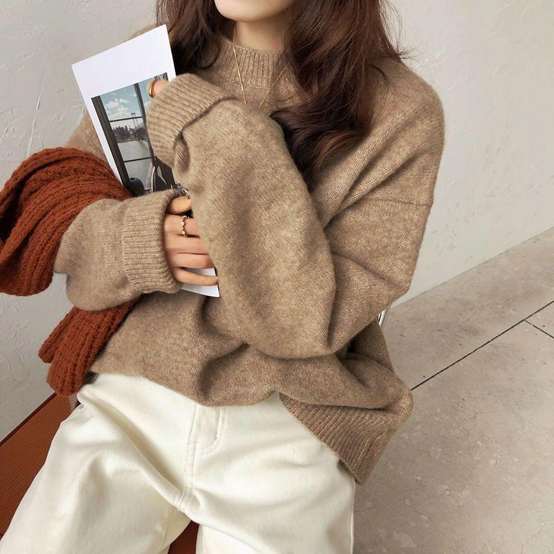 

Loose and lazy style crew neck sweater women s outerwear college knitted sweater pullover top with coat base inside XXL