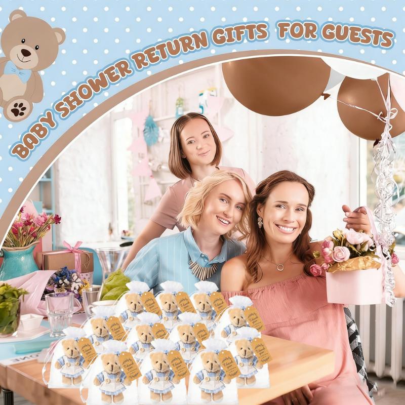 12-36 Zestawów 12 cm Niedźwiadki Upominki na Baby Shower dla Gości Mini Pluszowe Niedźwiadki Niebieskie Z Kartkami Torebki Organzowe