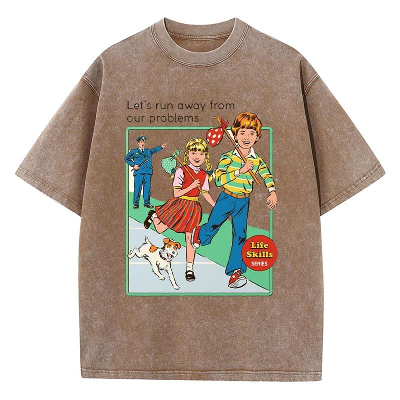 Let' Run Away From Our Problems Print Women Distress Tshirts Summer Fashion Washed T-Shirt Breathable Tee Shirts Soft Clothes
