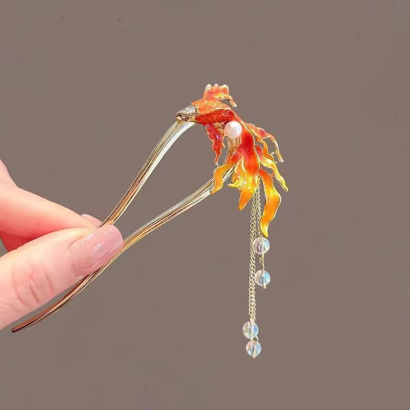 U Shape Chinese Style Red Fish Hair Sticks for Women Tassel Beads Hairpin Hanfu Wedding Glitter Jewelry Hair Accessories