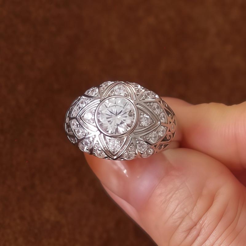 Vintage Silver Color Carved Pattern Hollow Inlaid Zircon Ring, Women's Fashion Trend Holiday Party  Gift