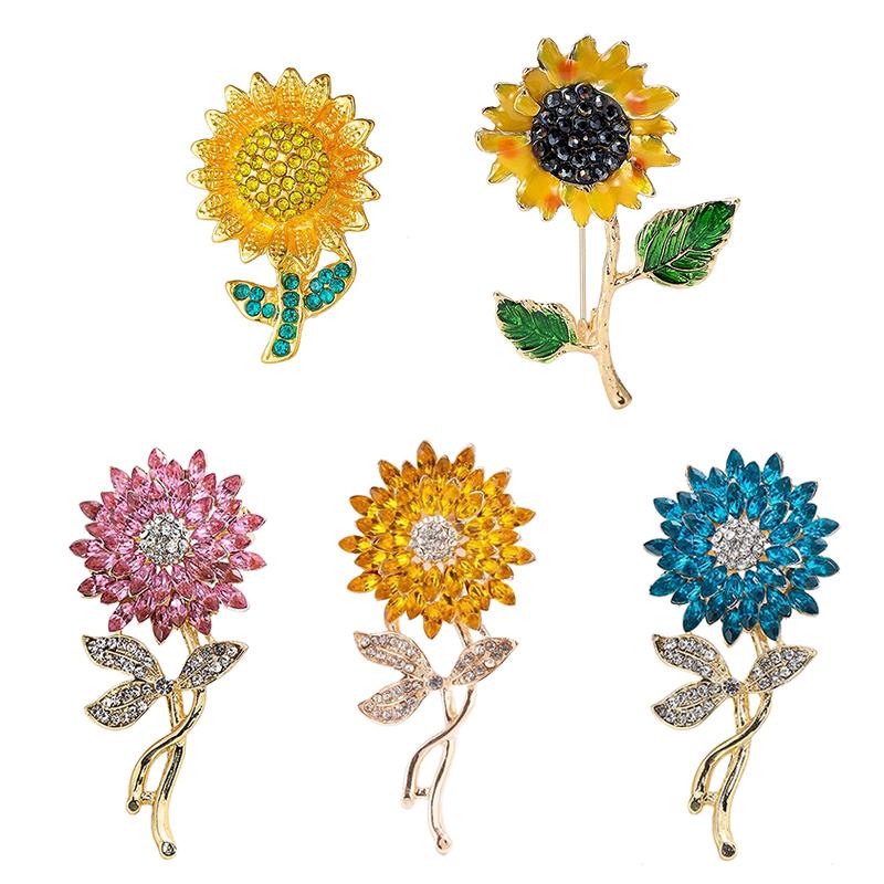 1PC Stylish Plant Brooch for Jackets Unique Sunflower Jewelry Accessory Handmade Drip Resin Brooch Shiny Rhinestone Flower Pin