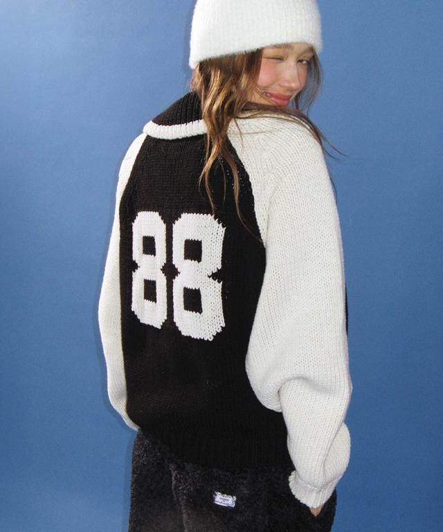 RONRON 88 Blocking Cowichan Knit Zip Up Black Cream