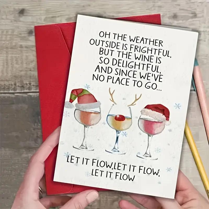 1 Christmas Card with Envelope, Wine Lover Theme Card, for Christmas Parties, Gifts, Colleagues, Friends, Family, Holiday Cheers