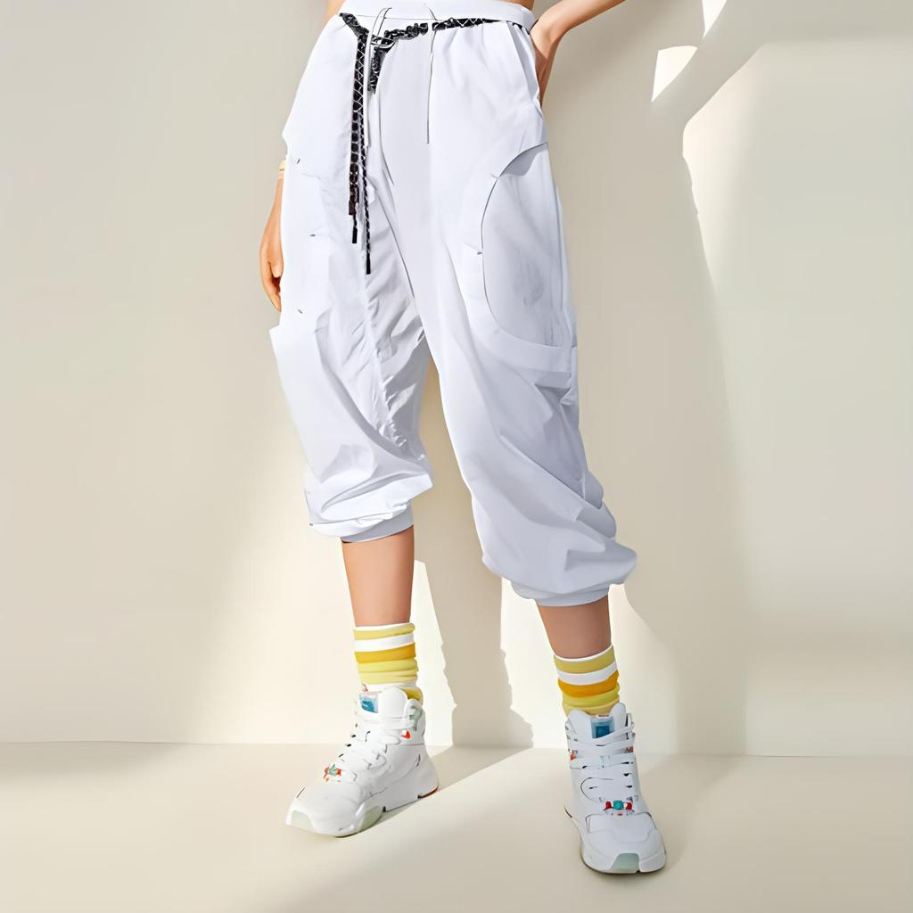 Li Ning CF X Haizhenwang Designer Collaboration SS22 Solid Color Reflective Detail Elastic Waist Jogger Pants Women Bottoms White AYKSB54-1
