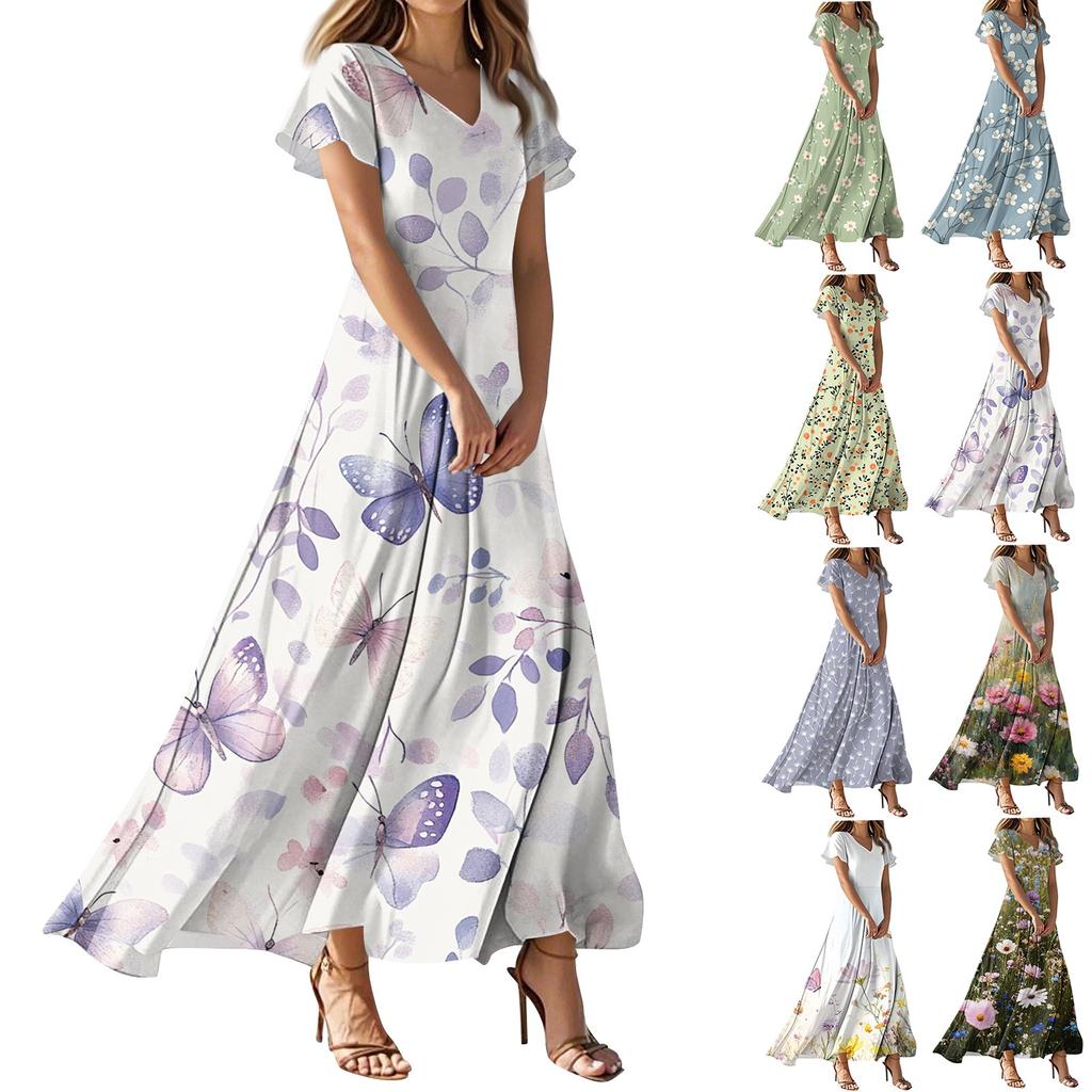 Women's Summer Casual Fashion Flower Prints Dresses V-Neck Short Sleeve Dresses