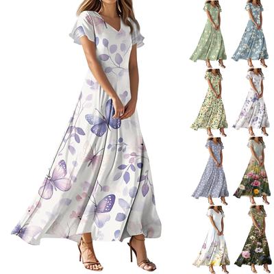Damen Sommer Casual Fashion Blumendrucke Kleider V-Ausschnitt Kurzarm Kleider