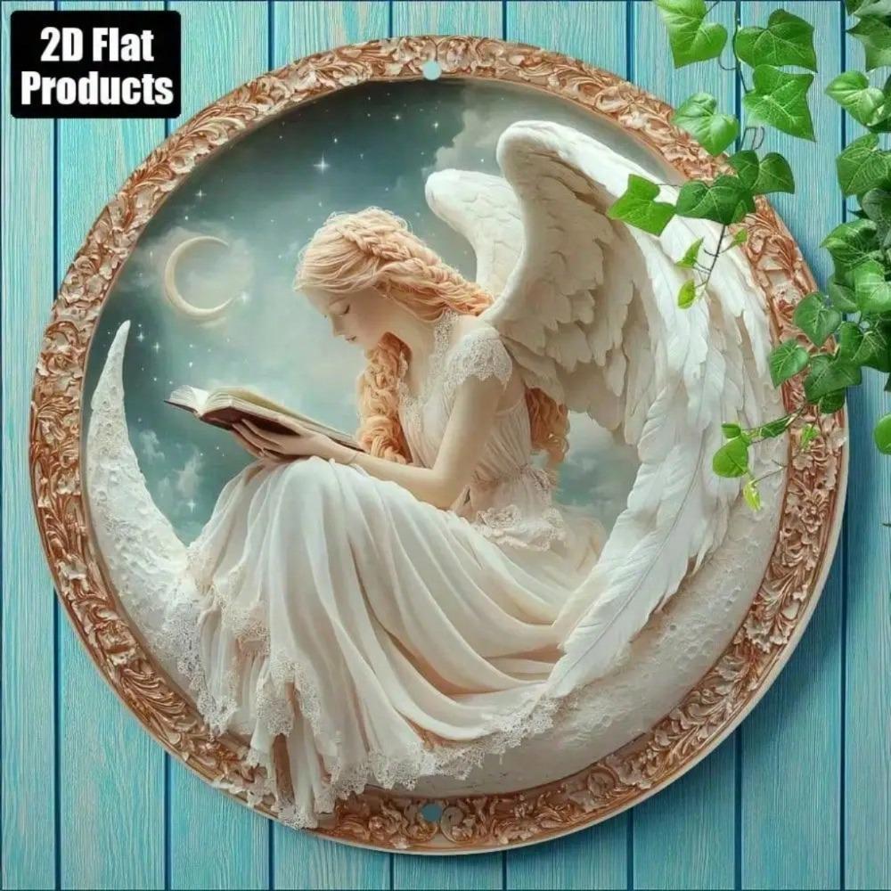 Vintage Starlight Angel Moon Metal Wall Art 8x8 Inch Round Farmhouse Living Room Decor