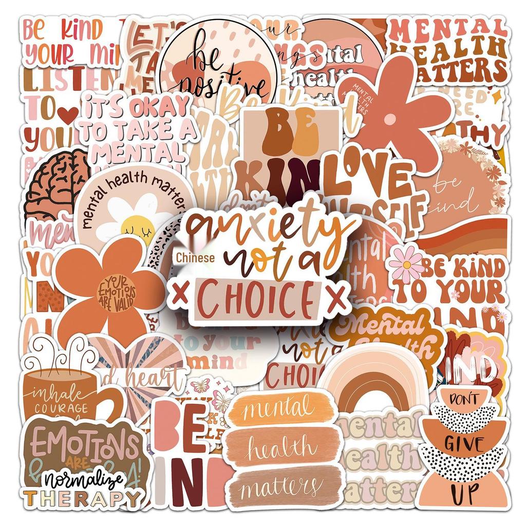 50 Bohemian Mental Health Doodle Stickers: Stylish English Decorative Stickers for Suitcases and Phone Cases