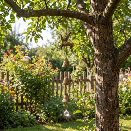 Crystal Sun Catchers Vintage Hummingbird Wind Chime, Metal Hanging Ornament with Bells & Pastoral Style Ornaments Suncatcher, Rustic Garden Decor for