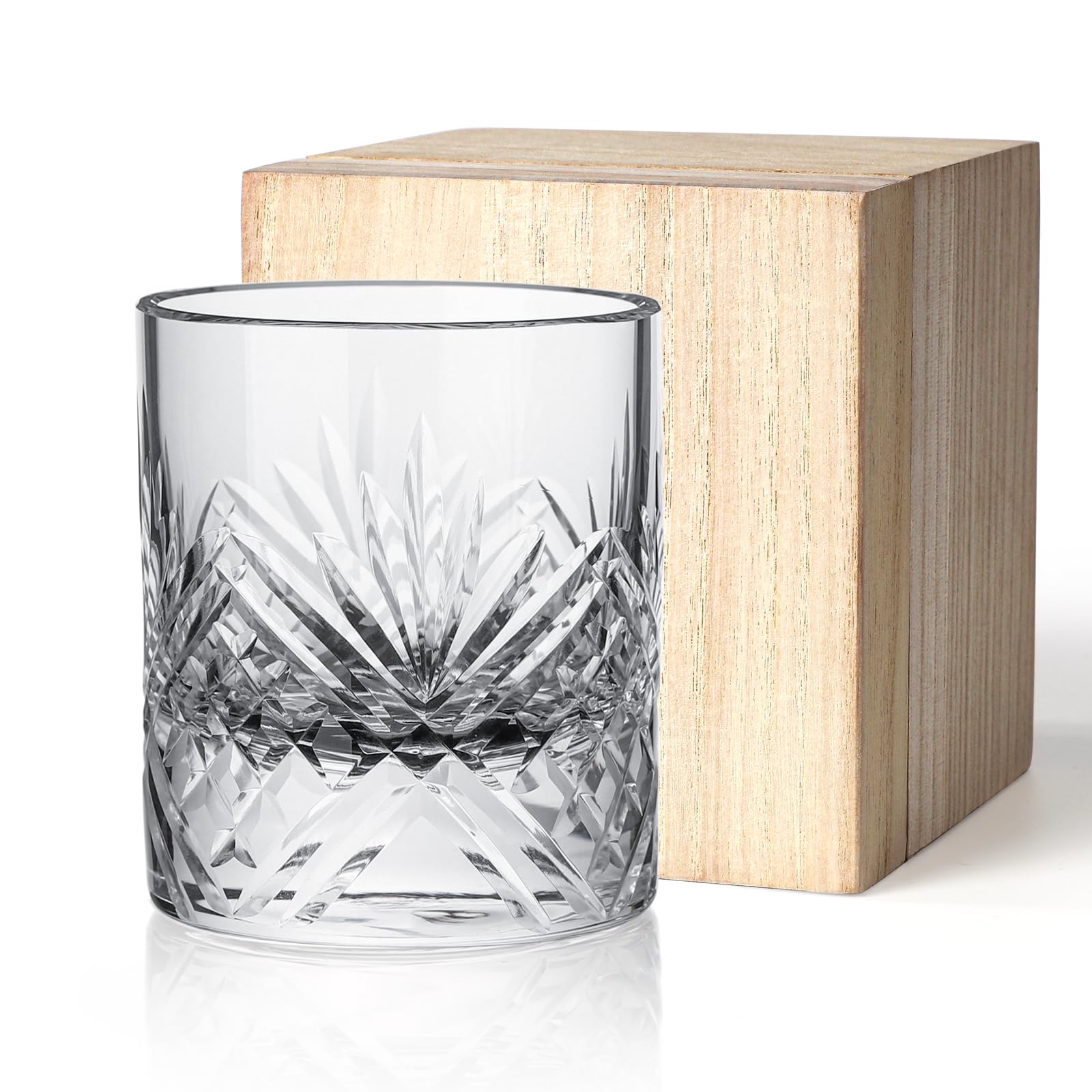 Crystal Rock Glass, Whiskey Glass, Hand-Engraved, 260ml, Thick Base Design, Wooden Box, Gift Set