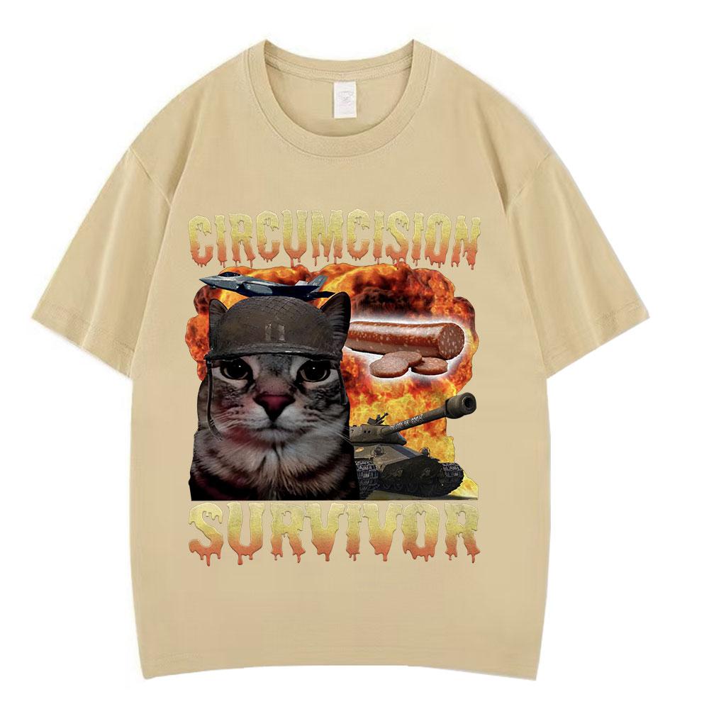 T-shirts Unisexe Vintage Amusants pour Chat Survivant de la Circoncision T-shirts Oversize Décontractés en Coton à Manches Courtes