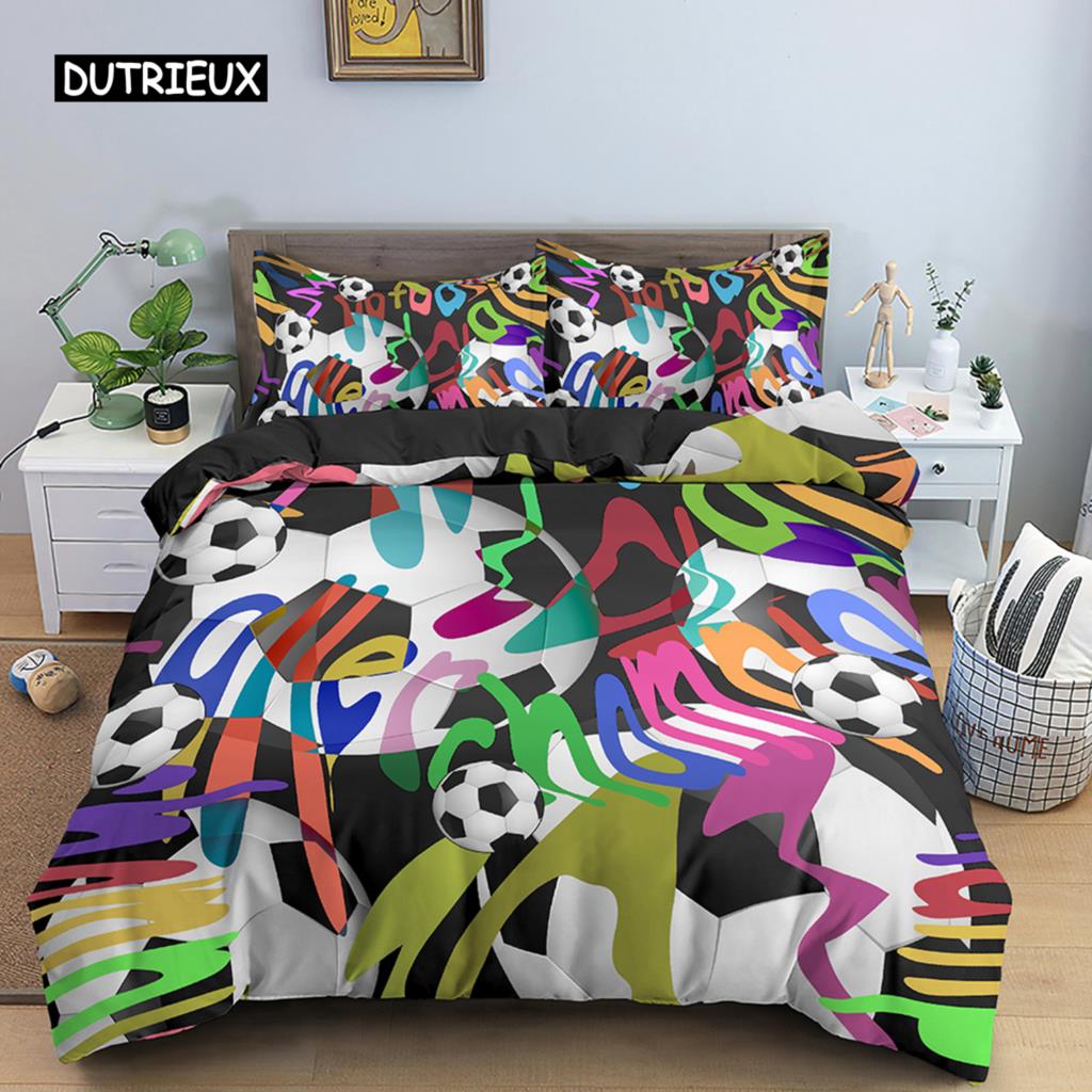 Cartoon Football Duvet Cover Colored Graffiti Sports Theme for Boys Teens Bedroom Decorations Bedding Set Football Lovers' Gift
