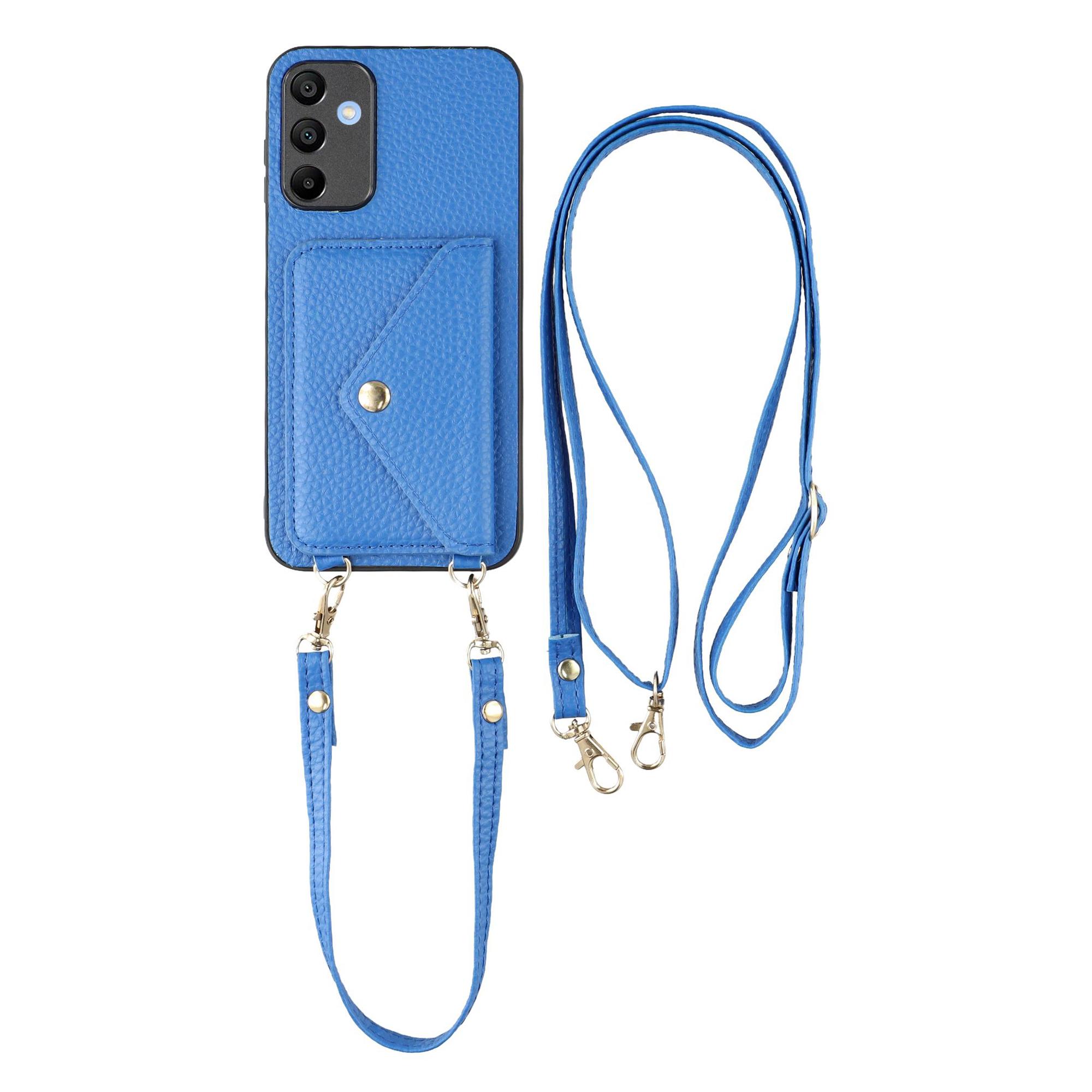 

For Samsung Galaxy A15 5G/4G Case Card Holder Litchi Texture PU Leather+TPU Phone Cover with Straps Blue