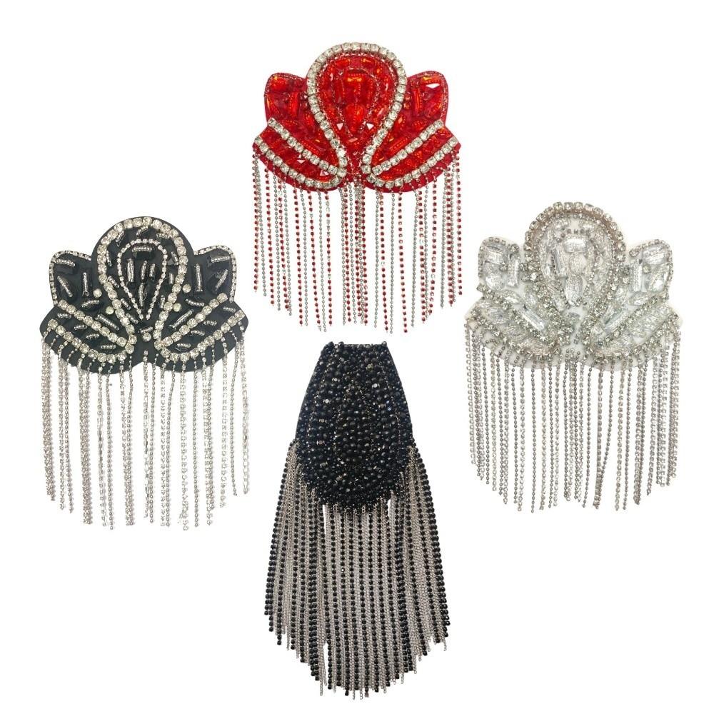 1Pc Beaded Decoration Diamond Tassel Epaulets Detachable Sparkling Shoulder Tassel Epaulet Rhinestone Hand-Beaded Fabric Patch