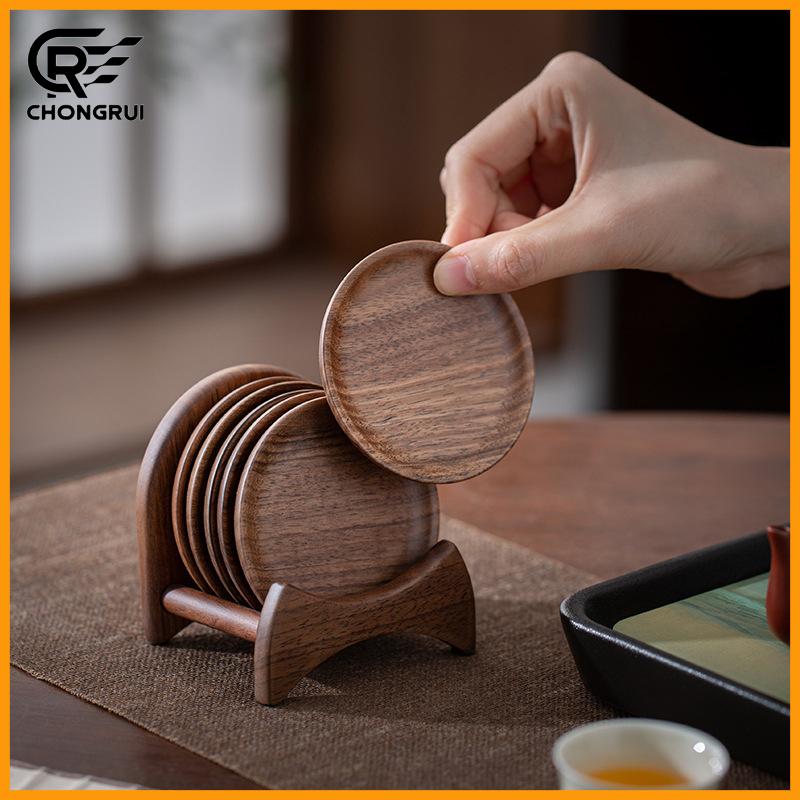 Walnut Wood Cup Mat Coffee Cup Heat Resistant Coaster Set Wooden Cup Pad with Storage Base for Home Kitchen Table Decoration