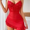 Red With Steel Ring Bras Sexy Lingerie Set G-string Nightgown Women Erotic Dress Female Underwear Ultra Hot Transparent Babydoll