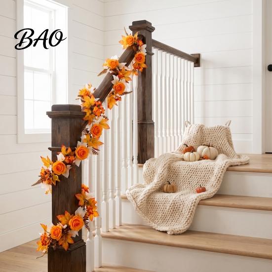 Staircase Garland Decor 180cm Artificial Vine Hanging Door Wreath with Pumpkins Berries Maple Leaves, Decorative Berry Vines Halloween for Autumn
