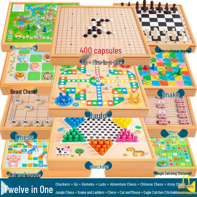 Multi-Game Wooden Board Set: Checkers, Chinese Checkers, Ludo, Gomoku, Chess, Animal Chess, Chinese Chess