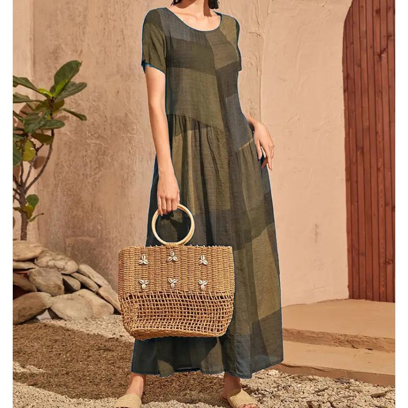 Women's Maxi Dress Summer Short Sleeve Round Neck Patchwork Contrast Loose Hem Pleated A Line Ankle Length Plus Size Dress