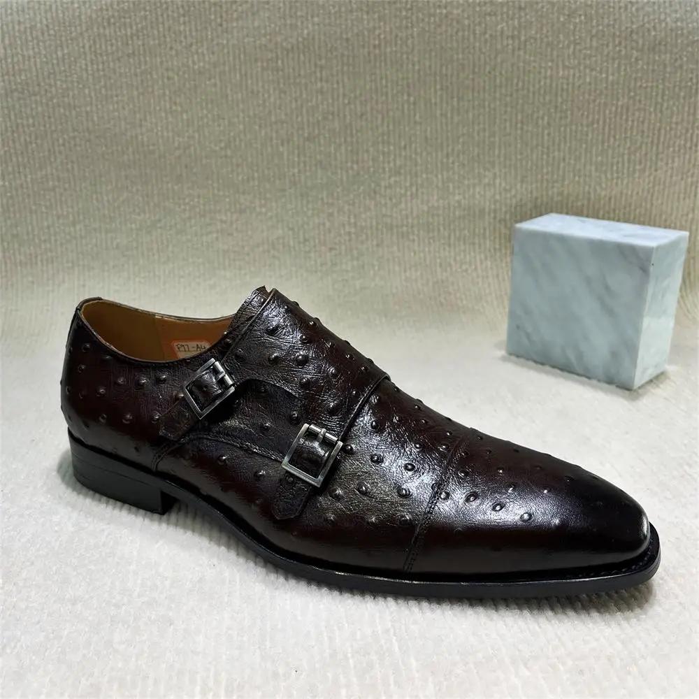 Fashion Men's Pointed Python Pattern Genuine Leather Monk Shoes Double Buckle Formal Shoes for Business Office And Banquet