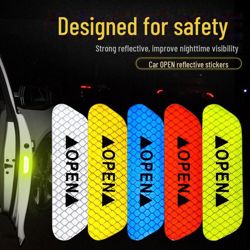 Reflective Car Door Warning Sticker 'OPEN' - Safety Alert Decal for Auto Vehicle, Waterproof Side Door Reflector Strip, Night Visibility Accessories