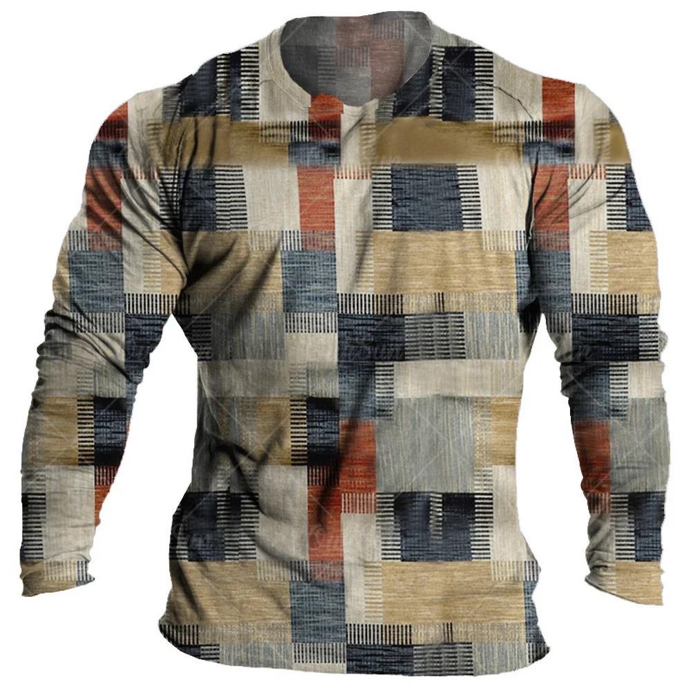 Vintage Multi color Plaid splicing 3D Print Men's T-shirts Autumn New Long Sleeve Tops Daily T Shirt For Man Patchwor Clothing