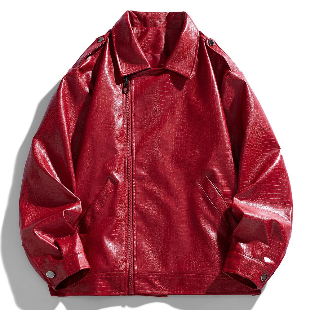 

New Winter Trendy Simple Fashion Trendy Lapel Button Jacket Casual Leather Jacket for Men M красный