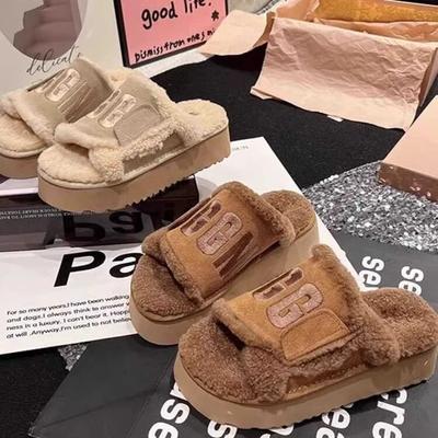 Fashion Flats Platform Fur Brand Slippers Women Shoes Suede Warm Winter Trend Short Plush Thick Slides Woman Botas Walking Flip Flop