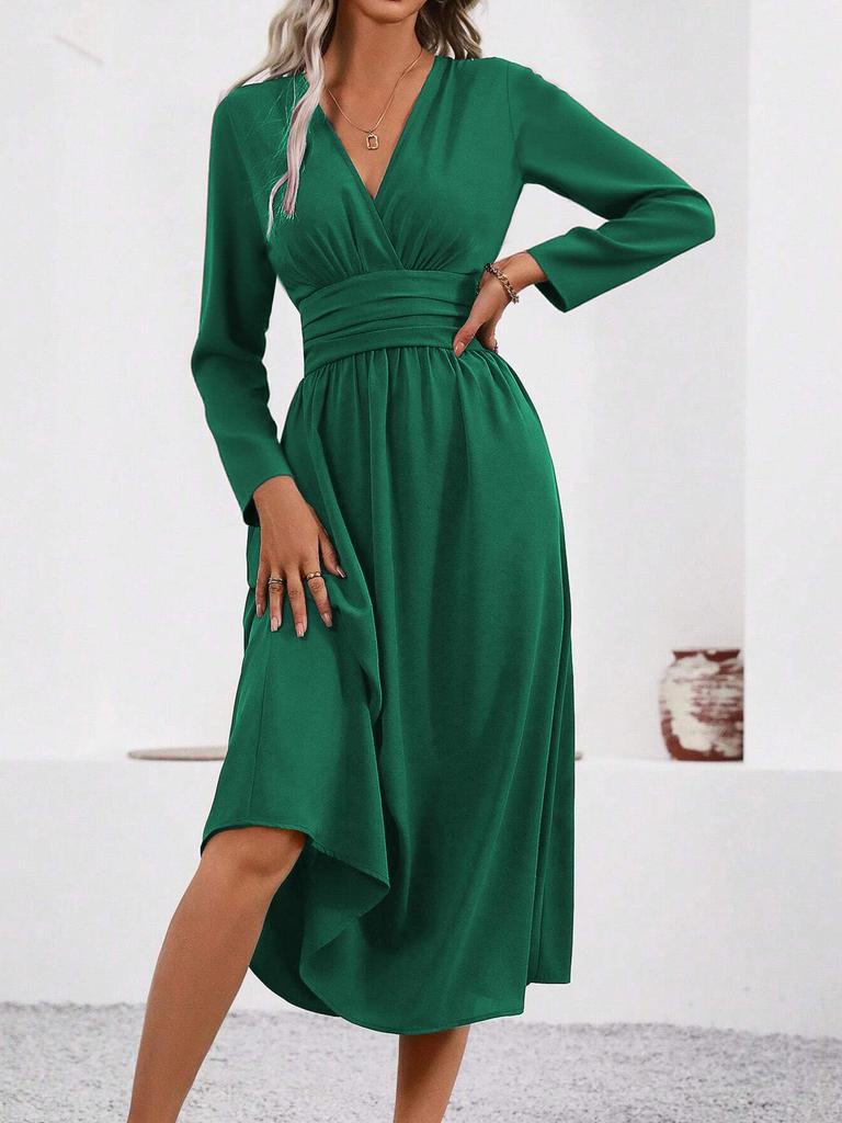 Elegant Women's V-Neck Long Sleeve Ruched Waist Dress for Autumn/Winter