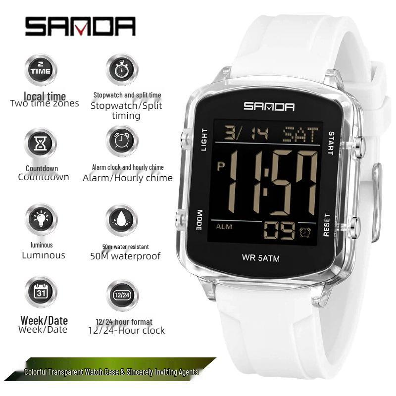 Sanda Dual Time Waterproof Transparent Sports Wristwatch with Colorful Single Display and Student Timer Function