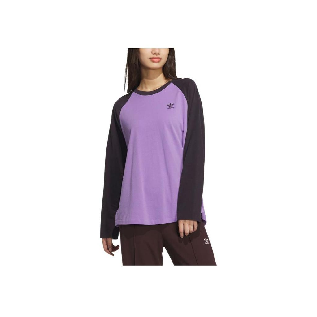 adidas Originals Adicolor Brand Logo Color Block Loose Long Sleeve T-Shirt Women Tops Violet JM8051