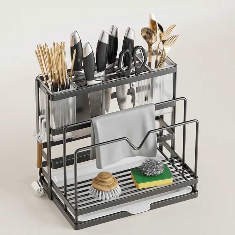 Multi-Functional Stainless Steel Kitchen Organizer Wall-Mounted Knife Rack Cutting Board Holder Chopstick Cylinder Lid Stand