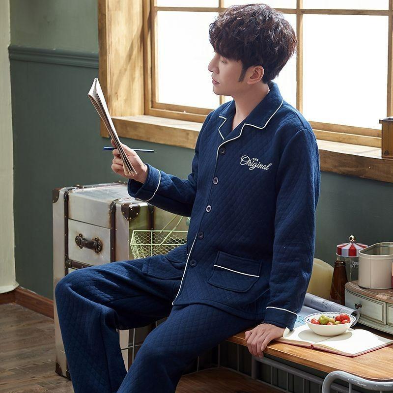 New Men Pajamas Autumn Winter Cotton Long-sleeved Loungewear Cotton Padded Plus Homewear Plus Plus Plus Size Sleepwear Suit