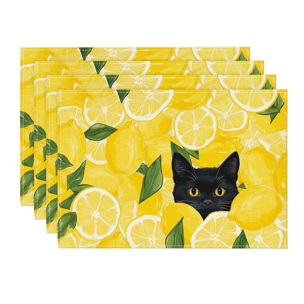 Lemon Cat Summer Placemats Set of 4, 12x18 Inch Seasonal Spring Holiday Table Mats for Party Kitchen Dining Decoration