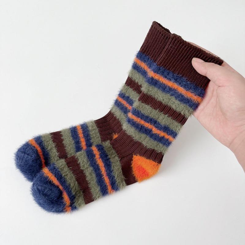 Female Winter New Style Plush and Thick Color Stripes Students All with Long Socks