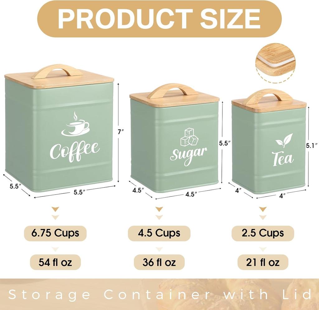 3 Set Airtight Coffee Sugar Tea Containers with Bamboo Lids, Rustic Metal Jars for Kitchen Storage (Turquoise)