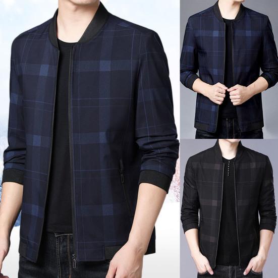 Men Coat Plaid Stand Collar Thin All Match Spring Jacket for Daily Wear