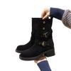 Retro Suede Western Cowboy Boots Women's Autumn and Winter Medium Tube Thick Heel Two Wear Lapel Short Boots Women's Belt Buckle Martin Boots