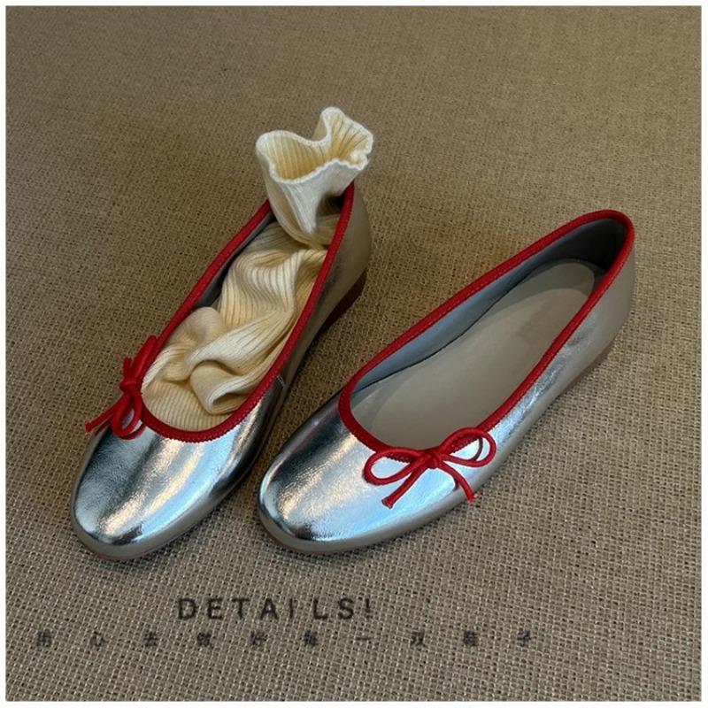 Sheepskin ballet shoes women's spring new bow silver soft sole flat grandma shoes retro commuter round