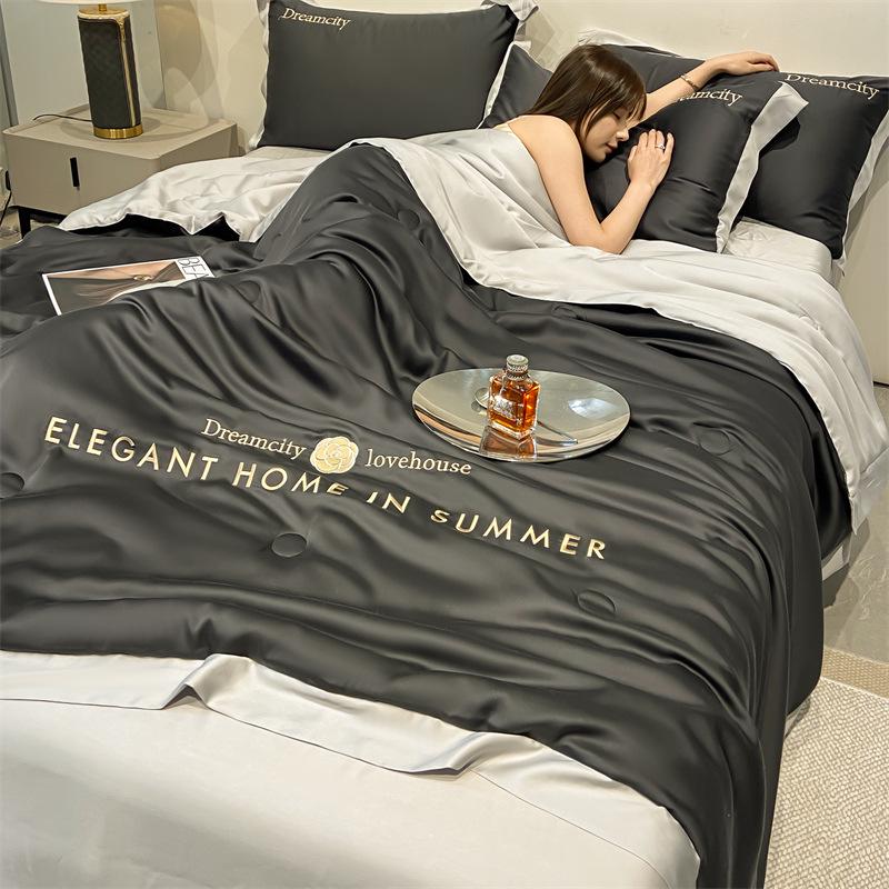 Class A Ice Silk Water Washable Summer Quilt Set - Naked Sleep Embroidery, Thin Blanket, Air Conditioning Quilt, Four-Piece Gift.