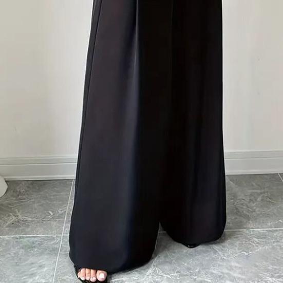 Women Pants Elastic High Waist Buttons Decor Solid Color Trousers Wide Leg Loose Fit Casual Pants Work Travel Daily Wear