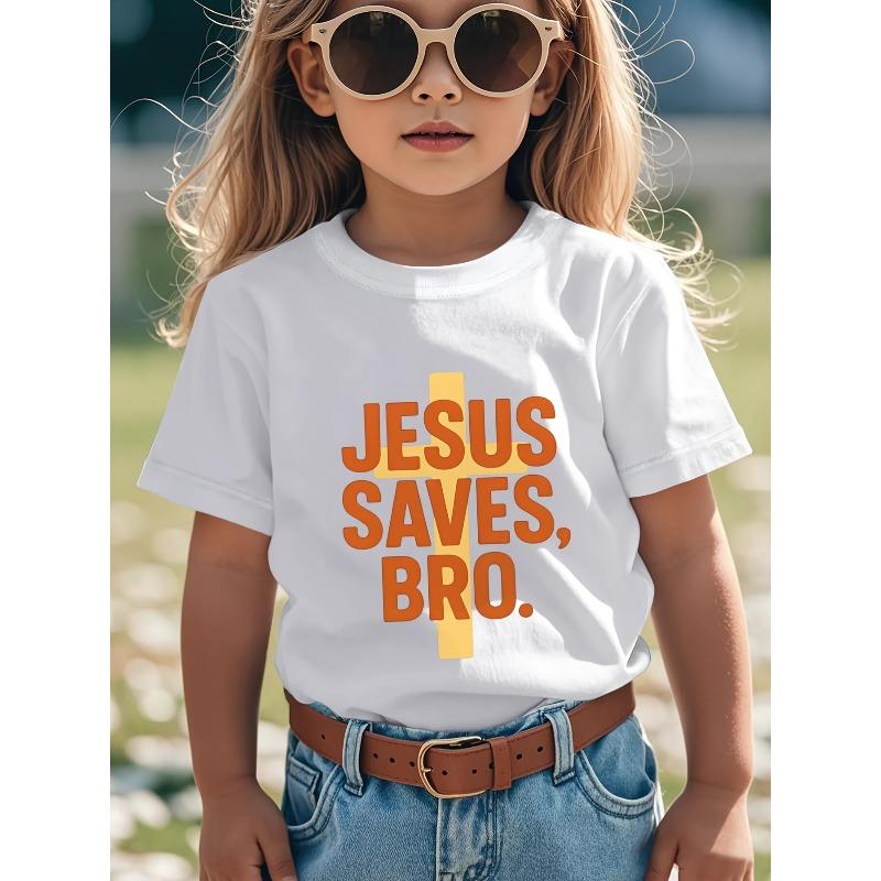 Kids Crewneck T-Shirt, Jesus Redemption Orange Letter Cross Vintage Christian Faith Graphic 110 белый