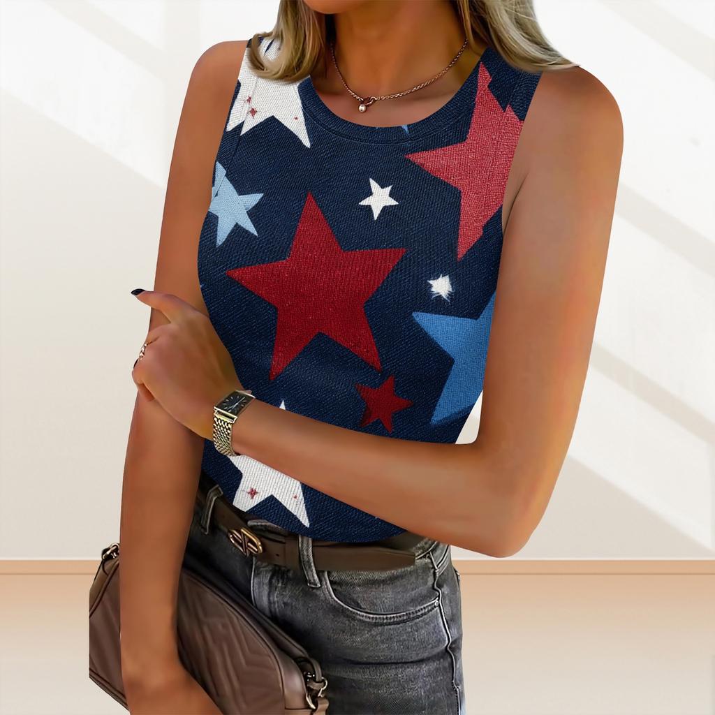 Women's Summer Fashionable Casual Independence Day Printed Round Neck Sleeveless Top Fitted Vest