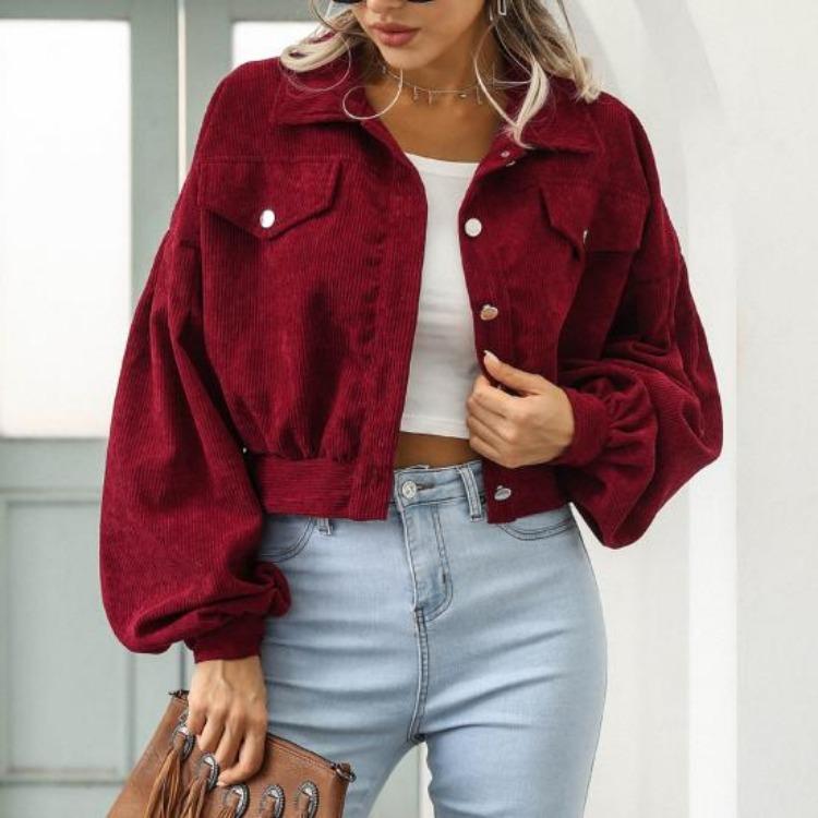 Giacca Corta in Velluto a Coste Vintage Autunnale da Donna Cappotto Monocolore Revers Manica a Lanterna Monopetto Capospalla